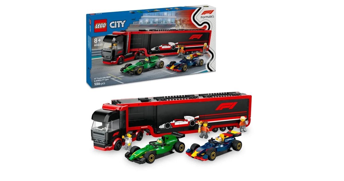 Camião F1 LEGO com Carros de Fórmula 1 e Minifiguras