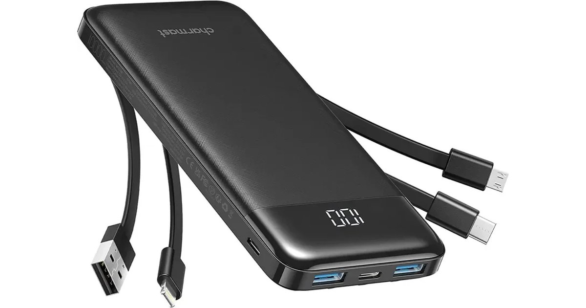 Charmast Power Bank 10000 mAh com cabos integrados