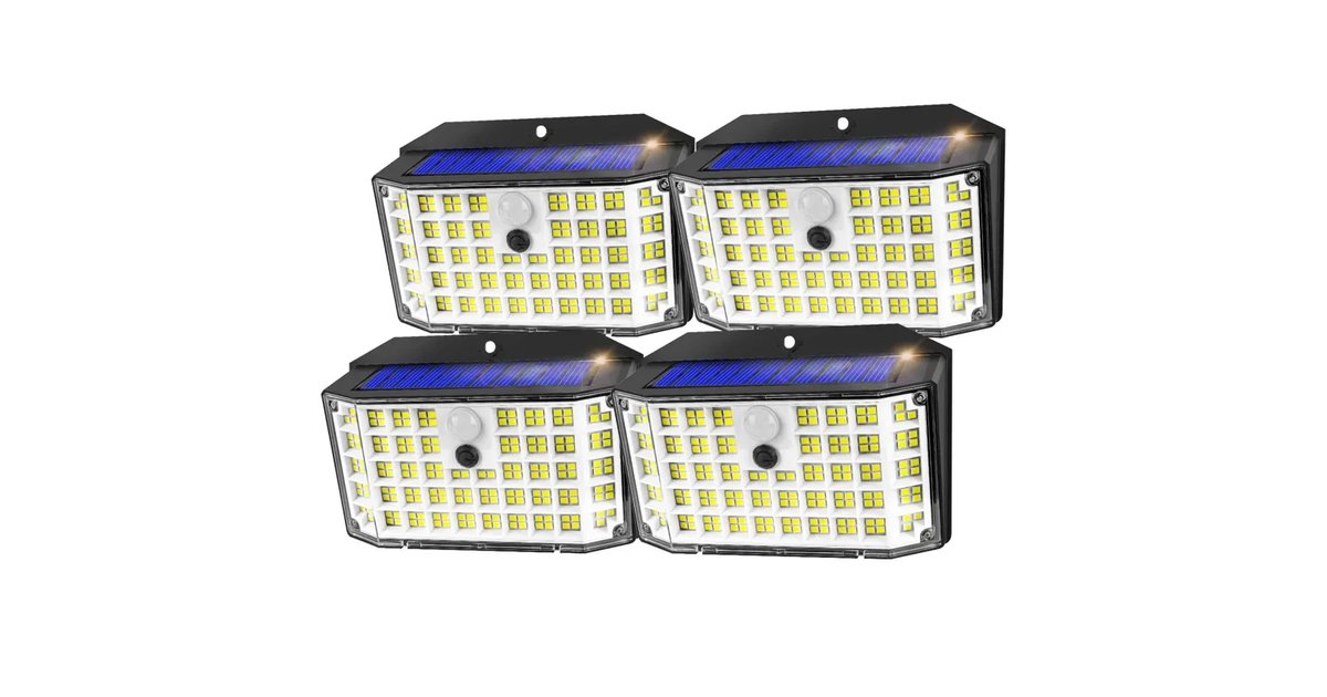 4 Pack luzes solares exterior - 2000LM IP65 270° 3 modos focos led solares exterior luz solar
