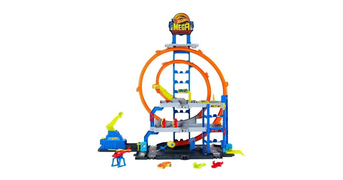 Conjunto de pista Hot Wheels com helicóptero e carro metálico para criança