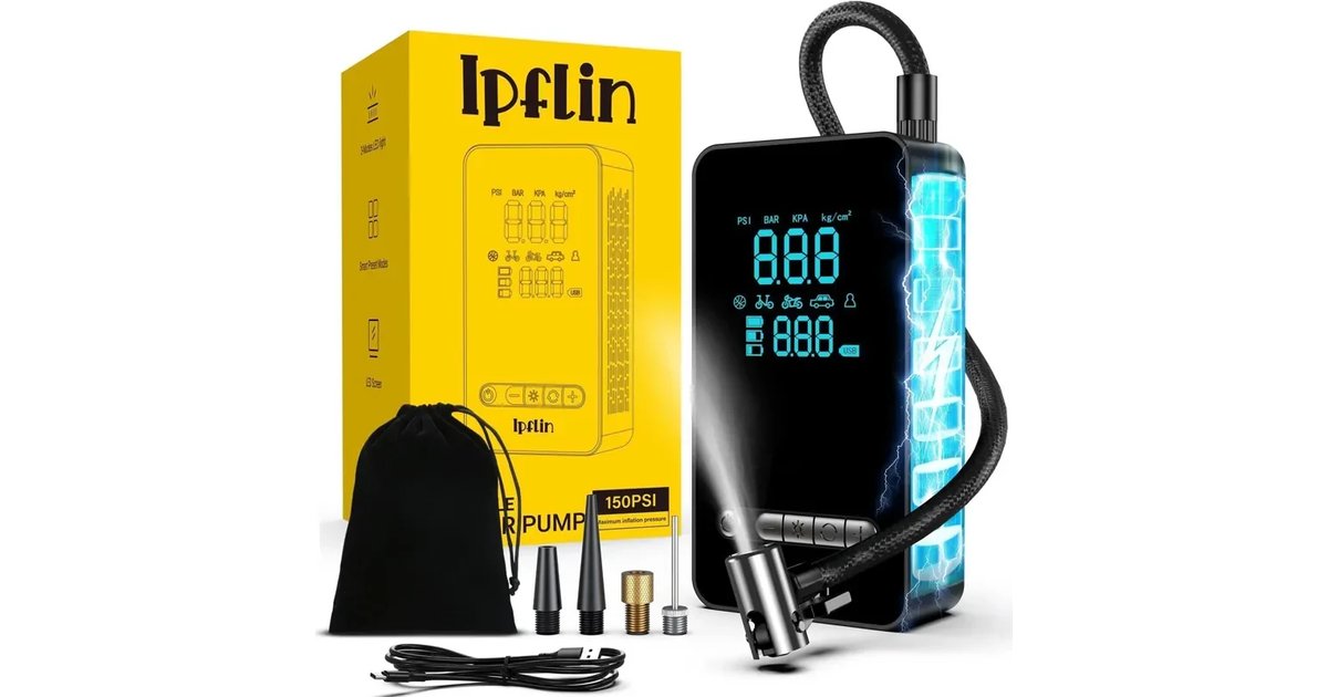 Compressor ar portátil - inflador de pneus de carro 150 PSI com lanterna e bateria recarregável